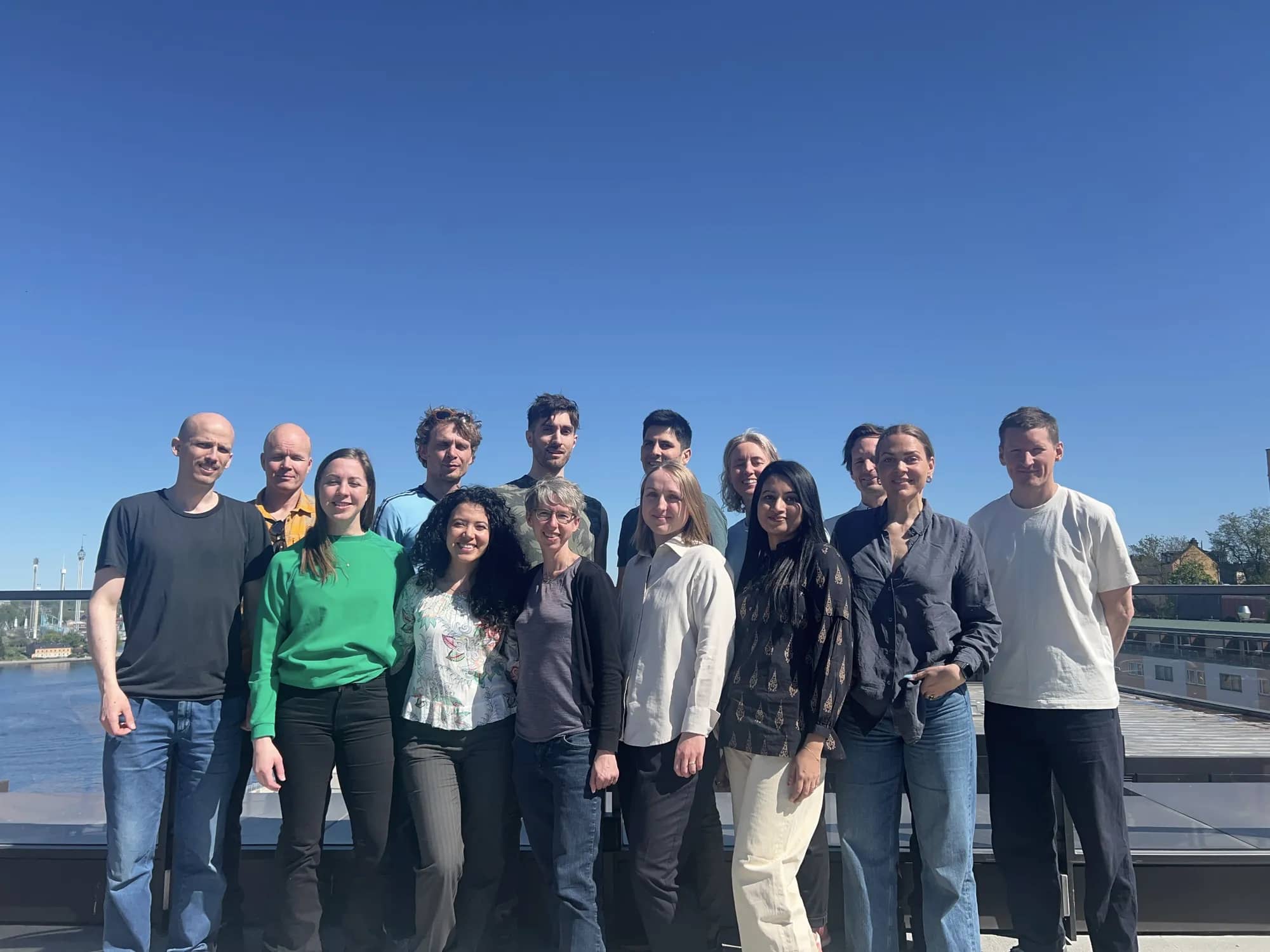The GoClimate team gathered on a rooftop terrace overlooking Stockholm.