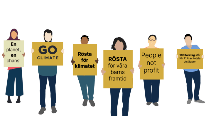 Persons with posters promoting voting for the climate.